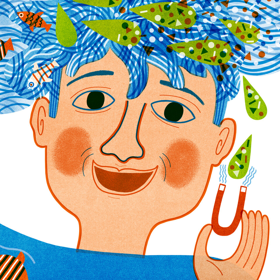 Illustration: Portrait eines Jungen mit einem Magneten in der Hand