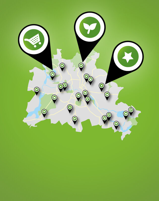illustrierte Karte von Berlin mit Pins an nachhaltigen Orten auf grünem HIntergrund