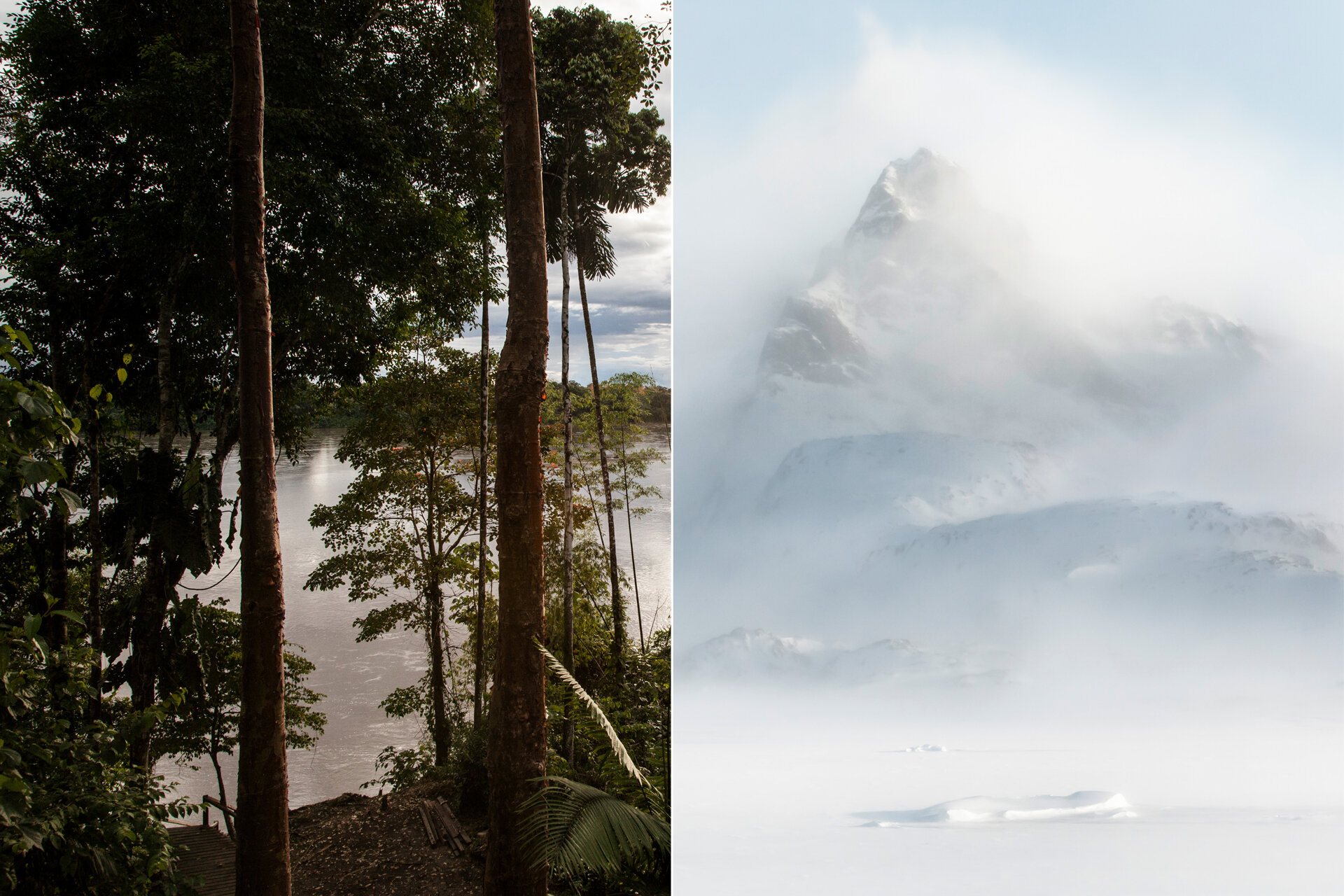 Fotocollage: Links ein Blick durch urwaldähnlich wachsende Bäume auf Wasser. Links eine bergige Schneelandschaft mit Schneeverwehungen.