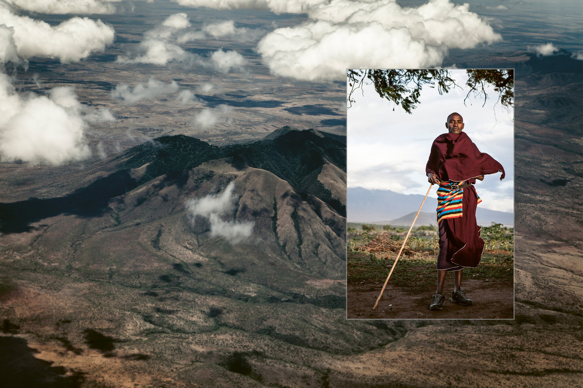 Fotocollage: Ein Massai in traditioneller Tracht, im Hintergrund eine Luftaufnahme des Kilimandscharo mit schattenwerfenden Wolken.