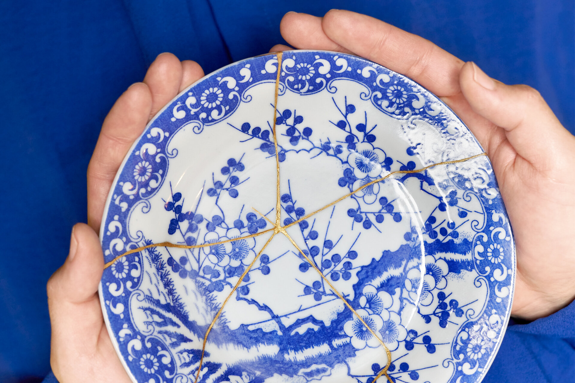 Ein Händepaar hält einen mit blauen Kirschblüten bemalten Teller, dessen zerbrochene Einzelteile mit einem Goldkleber wieder zusammengesetzt wurden.