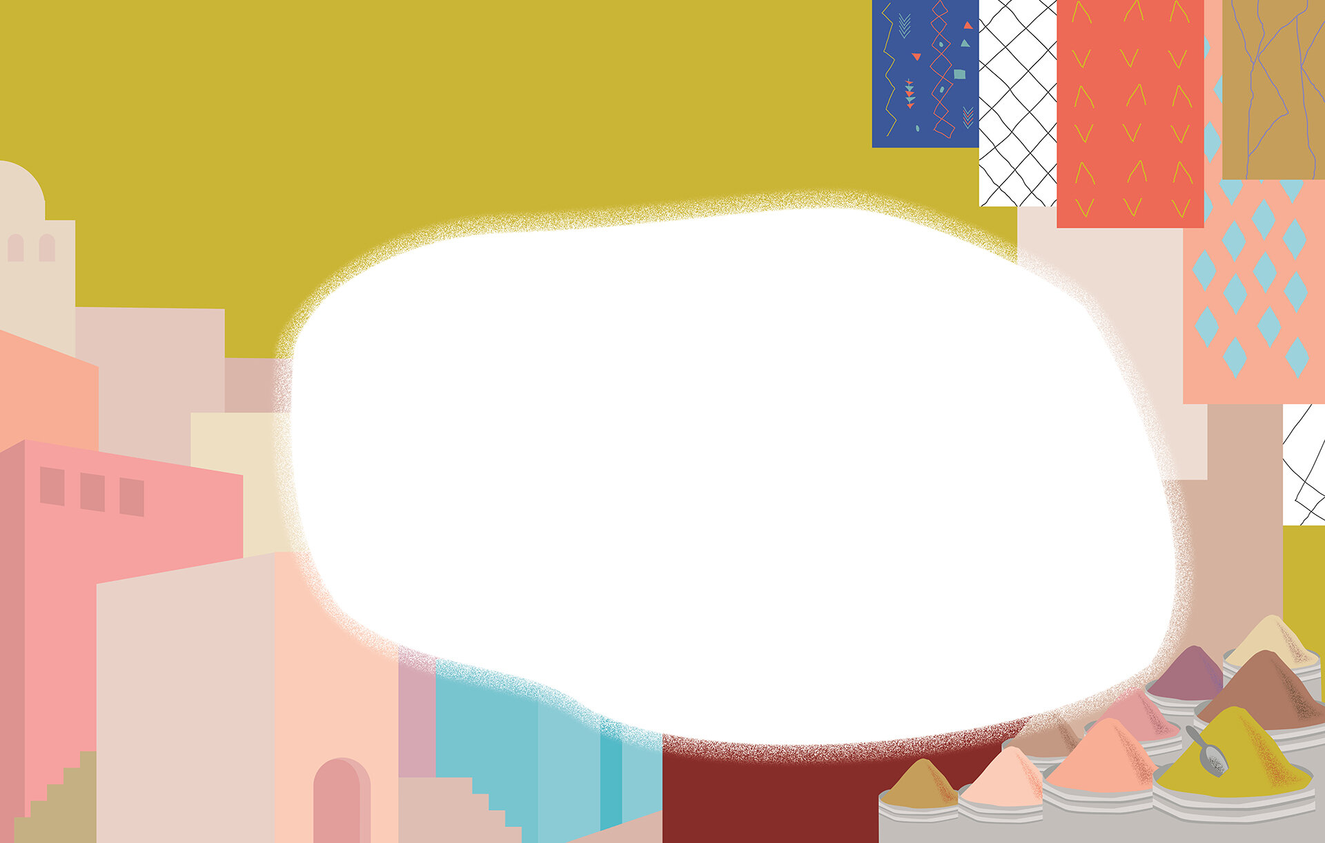 Illustration: Ein großer weißer Fleck liegt auf einer abstrakten nordafrikanischen Stadtkulisse, die übergeht in eine bunte Palette verschiedener Gewürzhäufchen auf einem Markt, über der bunt verzierte Teppiche hängen.