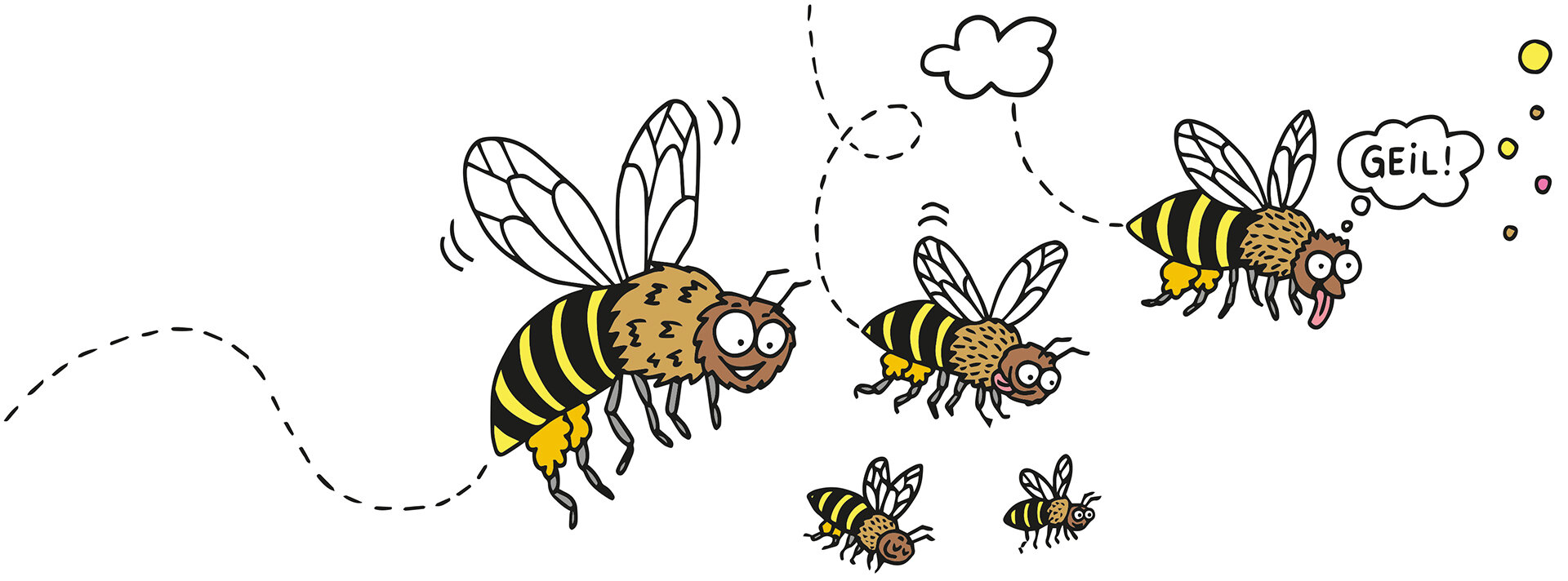 Illustration mehrerer Bienen. Eine hat ein Sprechblase und sagt: 