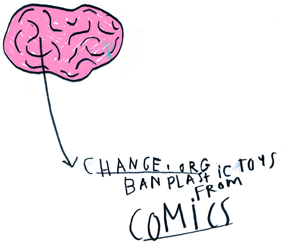 Illustration eines Gehirns mit dem Text: Change.org Ban plastic toys from comis.