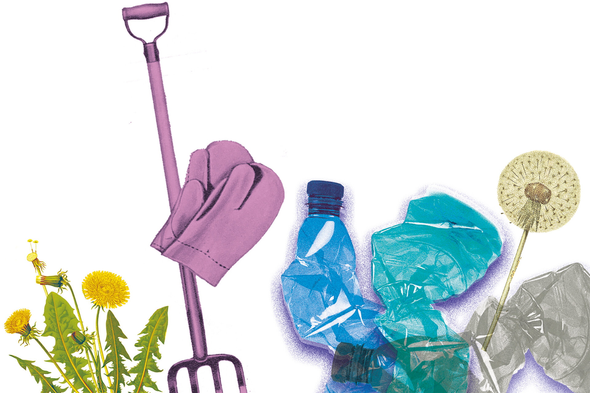Bildercollage aus Gartenhandschuhen, Spatengabel, Löwenzahn und zerdrückten Plastikflaschen