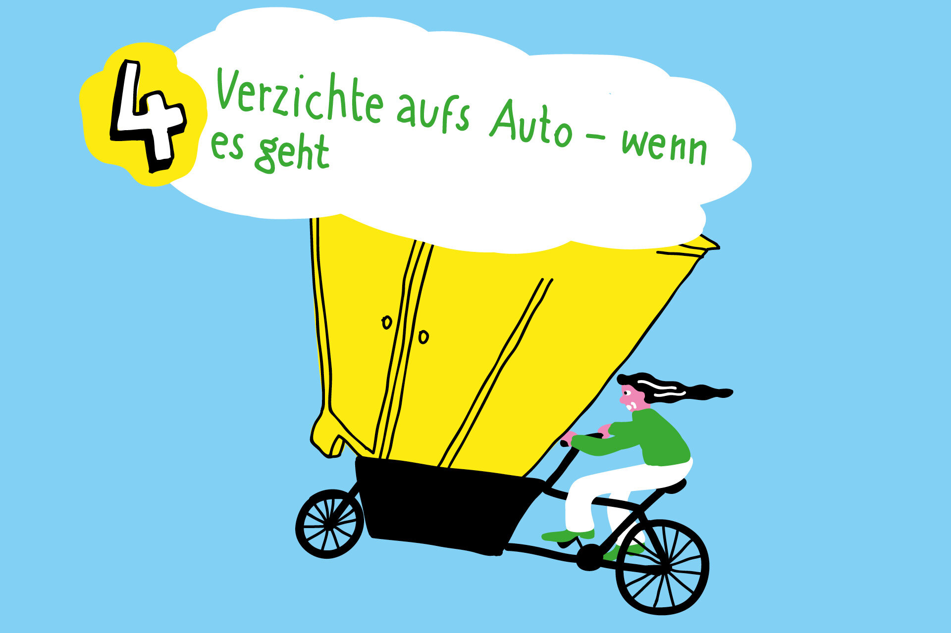 Illustration von einer Frau die einen großen Schrank mit dem Lastenrad transportiert.. Ebenso illustriert ist die Überschrift: Verzichte aufs Auto, wenn es geht.