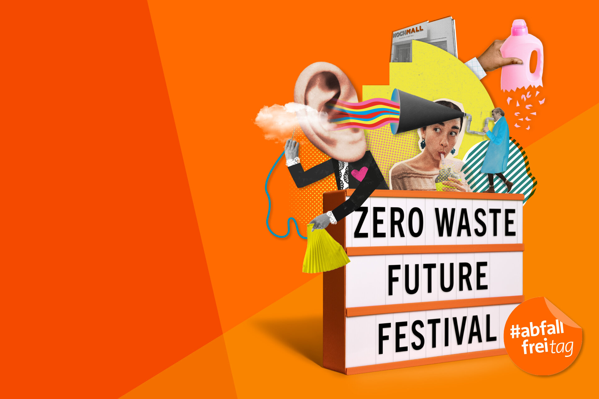 Lustige, bunte Bildkomposition zum Zero Waste Future Festival mit Abfallfreitags-Störer und umfunktionierten Gegenständen..